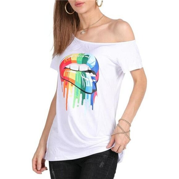 Womens Plus Size Lips Print Off Shoulder T Shirt Casual Summer Top Short Sleeve - Picture 2 of 8